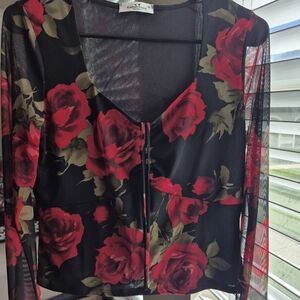 Black and Red Rose Mesh Top